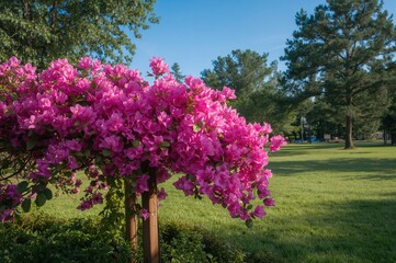 Bright pink bougainvillea glabra, also called paperflower or lesser bougainvillea, flourishing splendidly in a natural park under sunny skies.