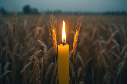 Yellow and blue painted candle and spikelets symbolizing remembrance of Holodomor victims against a wheat field backdrop.