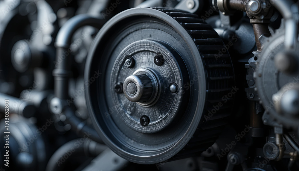 Poster a close-up view reveals a black mechanical pulley system, highlighting its intricate design and the 