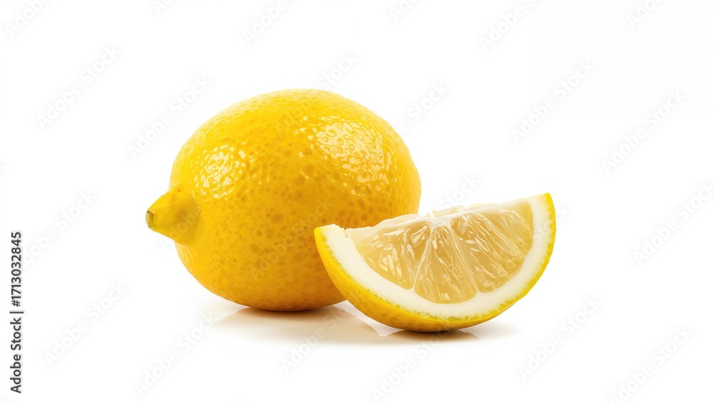 Poster single lemon fruit and a sliced segment displayed separately on a white backdrop with clipping path