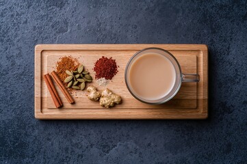 Spiced tea served in a glass with cinnamon, cardamom, and ginger arranged on a wooden tray against a dark blue stone surface. Horizontal layout with space for text.