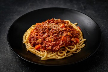 Dinner featuring pasta with meat and tomato Bolognese sauce served on a dark plate against a black backdrop with space for text.