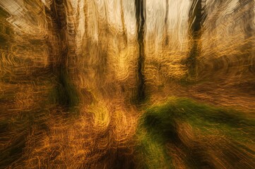 Abstract Photography Background Featuring ICM and Camera Movement Techniques, Nature-Inspired Art with Gold Tones and Textured Forest Landscape