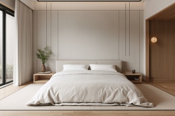 Minimalist bedroom featuring a zen-style bed, plants, and wabi-sabi decor mockup