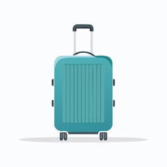 Modern travel luggage illustration featuring a teal suitcase with rolling wheels ready for departure