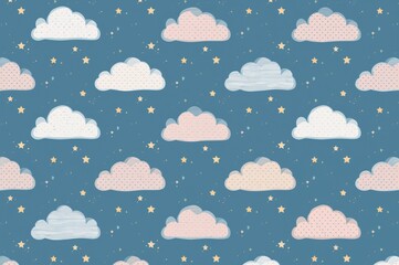 Child-friendly seamless 2D pattern featuring adorable clouds and stars in a minimalist style on a blue backdrop. Children's fabric print with sky motifs.
