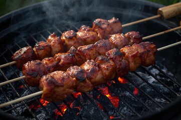 Close-up of large marinated poultry steak being grilled on a charcoal barbecue brazier.