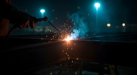 Skilled worker performing arc welding, producing brilliant sparks and light in a dark industrial setting