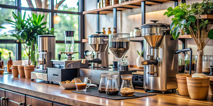 A barista is busy making coffee drinks in a modern cafe with wooden counters and stylish decor. The atmosphere is warm and welcoming, with natural light illuminating the space