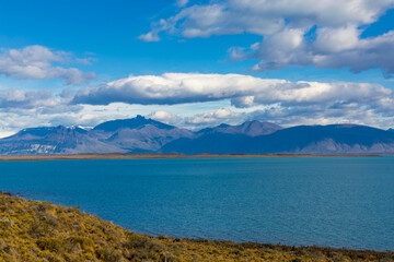 Patagonia mountain landscape. National parks of Chile and Argentina in South America scenic mountain summits view. Rocky granite peaks and glaciers in Patagonia Andes on a sunny day in summer