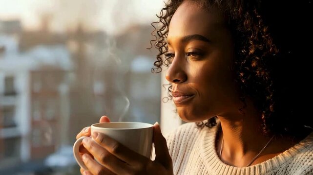 Serene woman enjoying a quiet coffee moment at home, bathed in warm sunlight, creating a peaceful and inviting atmosphere for wellbeing