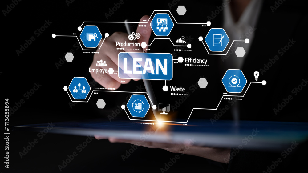 Poster a business professional uses a digital tablet to present key concepts of lean management. the image 