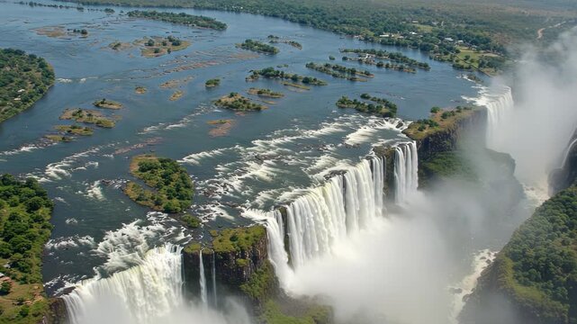 Aerial view of victoria falls, a massive waterfall in africa