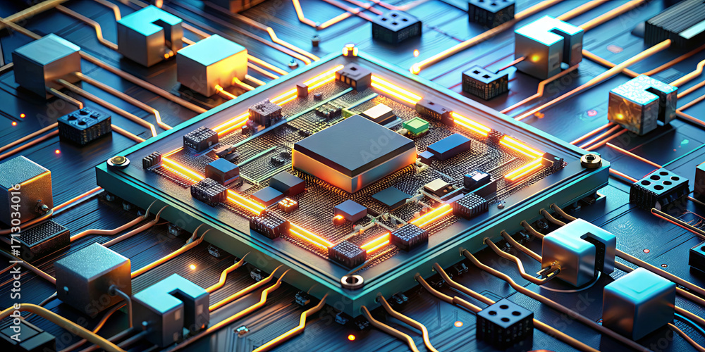 Poster a detailed view of a microprocessor surrounded by circuit components on a circuit board. glowing lig