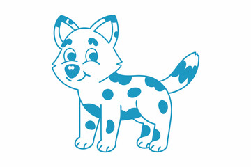 Cheerful cyan puppy with spots standing, smiling sweetly in a simple isolated style