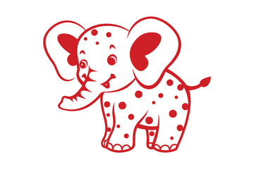Cheerful dotted red elephant cartoon winks with playful expression and short trunk on white