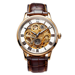 Rose Gold Skeleton Automatic Mechanical Watch with Brown Leather Strap timepiece