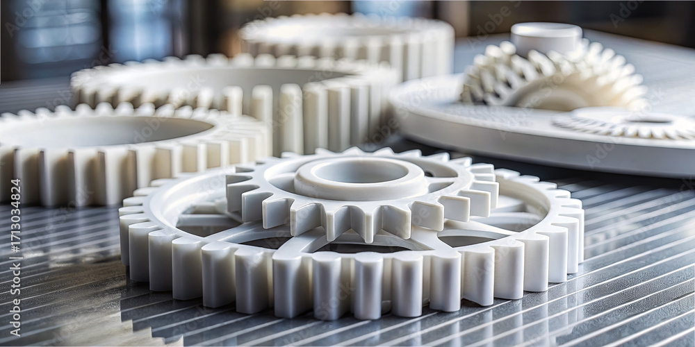 Poster various white mechanical gears are displayed on a worktable in a workshop. the gears differ in size 