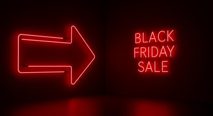 A neon sign illuminates the darkness, boldly proclaiming Black Friday Sale alongside a directional arrow, beckoning customers toward extraordinary savings and limited-time offers.