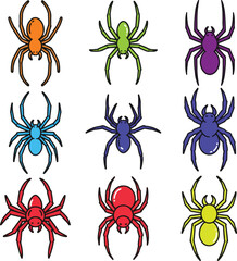Colorful Halloween Spider Icon Pack: Set of 6 Different Spider Illustrations with Unique and Vibrant Designs on a White Background