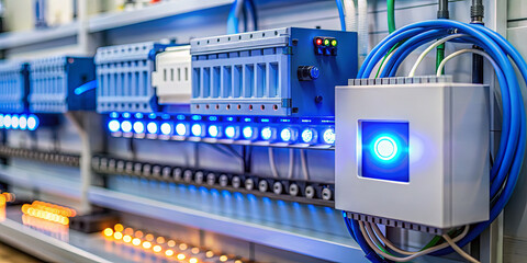 A control panel filled with bright blue lights and numerous wires is showcased within a technology facility. This setup is typical for managing machinery operations