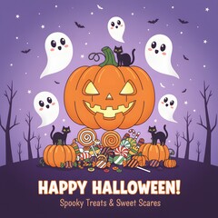 Adorable Halloween Cartoon: Jack-o'-lantern, black cats, ghosts, and candy.