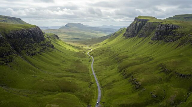 Scenic road winds through lush green valley in the scottish highlands