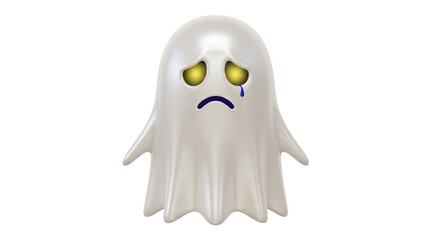 Isolated Sad Ghost emoji, cartoon emoticon character with yellow eyes and teardrop symbol