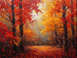 Fototapeta premium Experience the vibrant beauty of autumn in this stunning forest landscape painting with warm hues and textures 