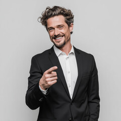 Portrait of confident smiling businessman in black tailored suit and white shirt, one hand in pocket, pointing finger, studio corporate professional photo