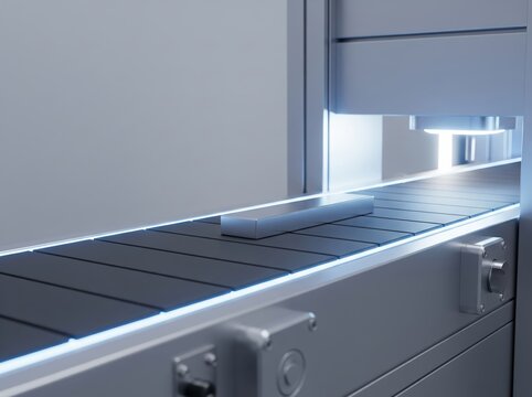 Single robotic conveyor transports one item steadily on smooth belt with uncluttered minimal background representing industrial controlled automation