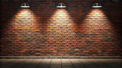 “Symmetrical, high-resolution photo of a weathered brick wall. Running bond pattern bricks in reddish-brown tones. Three spotlights from above cast circular pools of light, the middle most intense. Sh