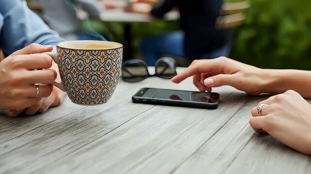 Relaxing break with morning coffee and smartphone scrolling on bright sunny day, perfect for lifestyle or digital marketing campaigns