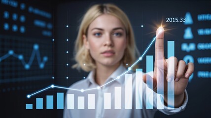 Woman interacting with a glowing financial growth chart on a digital screen finance business