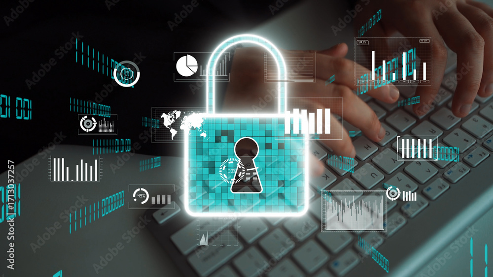 Poster this digital illustration showcases a conceptual padlock symbolizing data security, paired with visu