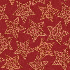 semless red background with gold stars. Vector Christmas hand made pattern