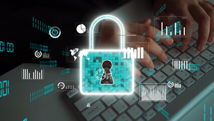 This digital illustration showcases a conceptual padlock symbolizing data security, paired with visual analytics and a person using a laptop, highlighting the importance of cyber security. Xenic