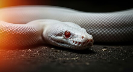 Obraz premium closeup of white albino snake with striking red eyes. reptile lies on dark ground, its textured scales in sharp focus. exotic wildlife and rare beauty.