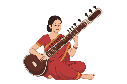 woman playing sitar, red dress, sitting clip art preview