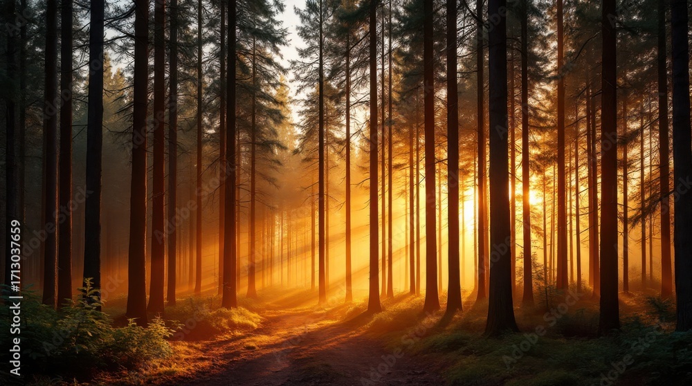 Aufkleber sunlight filters through tall trees in a serene forest at sunset, creating a magical atmosphere
