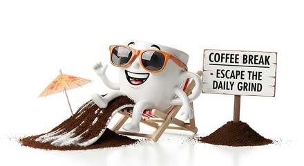 Funny coffee cup character relaxing on a beach chair escaping the daily grind