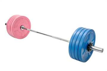Barbell with pink and blue weight plates isolated on transparent background
