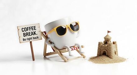 Coffee cup relaxing on a beach chair with sunglasses and a sandcastle