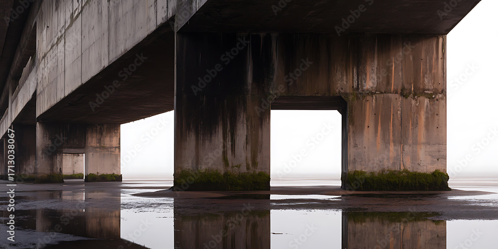 Aufkleber abstract view of bridge supports on the beach. the columns reflected in the water create a stark, ar