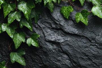 Ivy clinging to dark stone, wet leaves