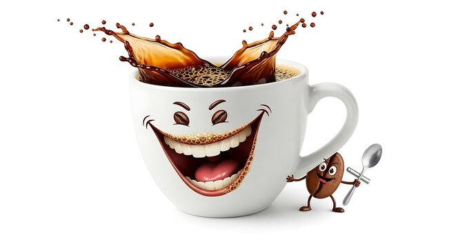 Happy coffee mug with splashing coffee and a coffee bean character