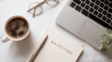 Marketing strategy, a cup of coffee, glasses, laptop and notebook on white desk. Flatlay top view workspace mockup