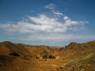 Minimalist Kazakh steppe landscape with rolling foothills under vast sky, serene and open