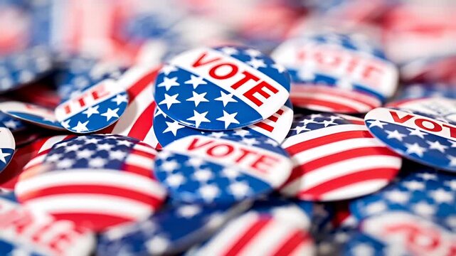 A closeup of American flagthemed buttons, with the word VOTE prominently displayed on them. The buttons are round and feature the American flag design.