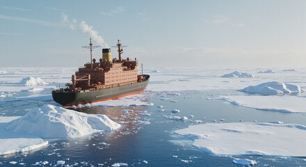 Icebreaker ship navigating through sea ice in Arctic landscape  